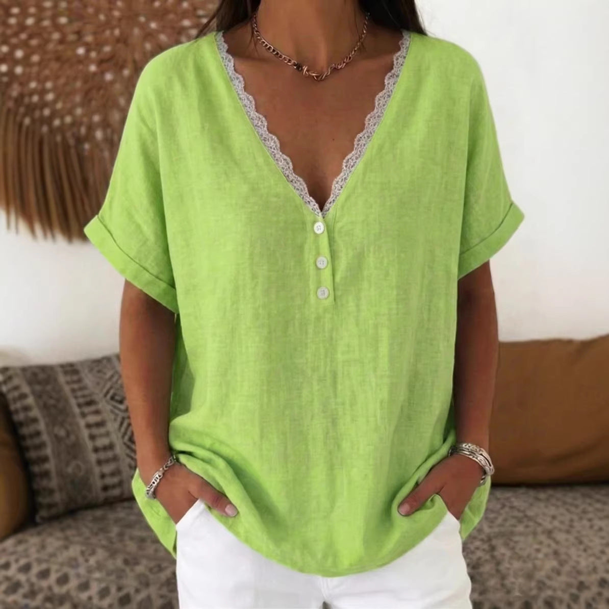 Lace-trimmed Collar Short Sleeves
