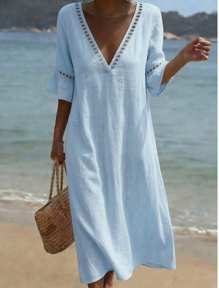 Cotton-Linen Lace V-neck Dress