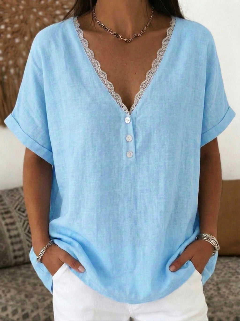 Lace-trimmed Collar Short Sleeves