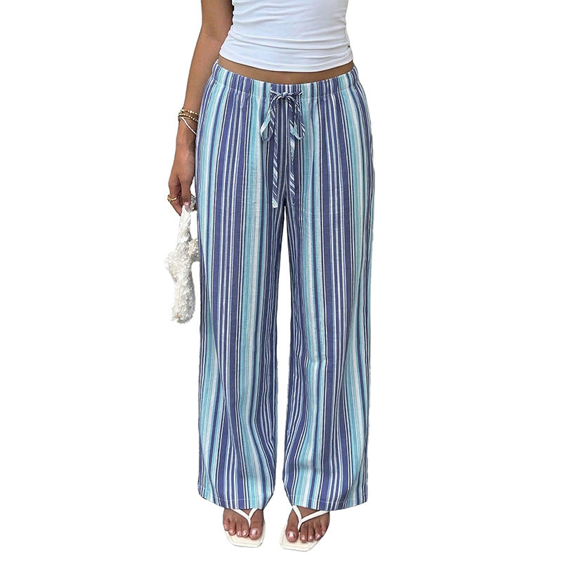 Draped Blue And White Striped Wide-leg Pants