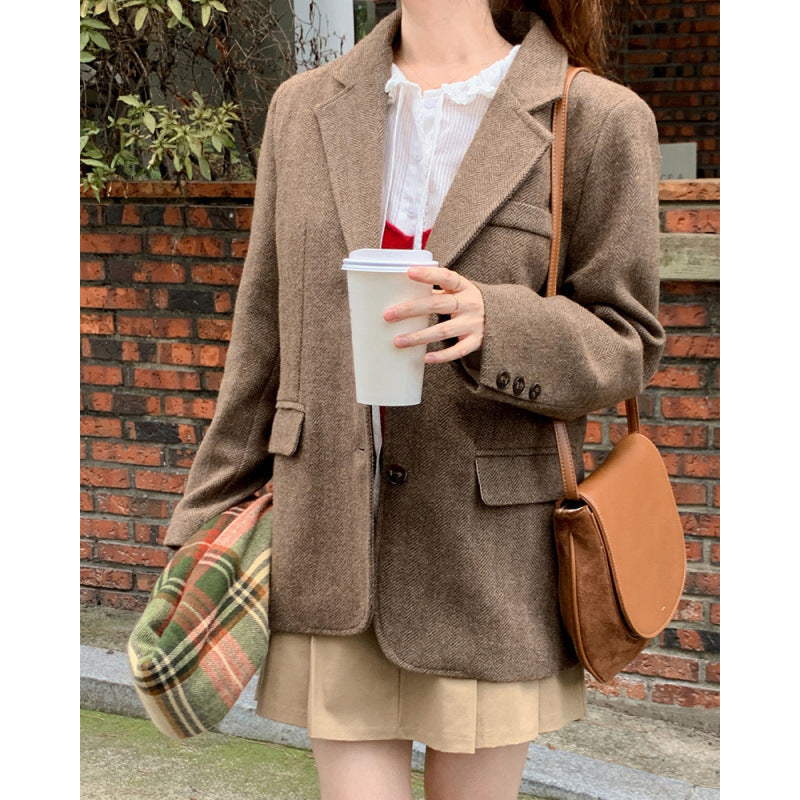 Retro Tweed Suit Single Breasted Coat