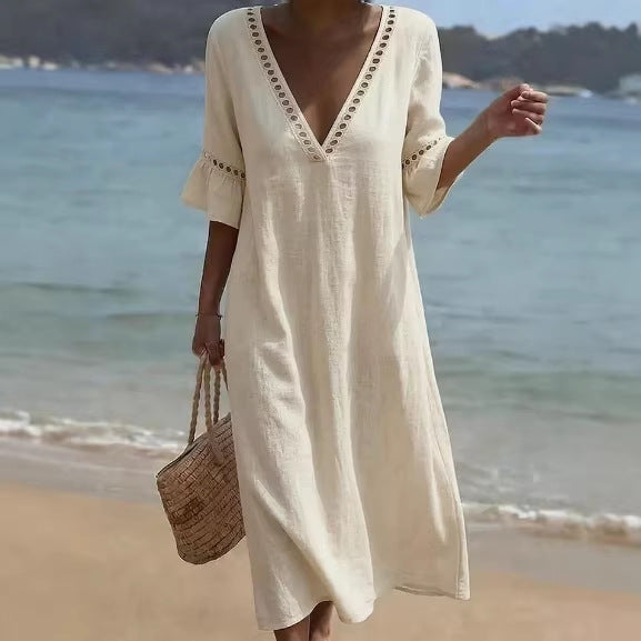 Cotton-Linen Lace V-neck Dress