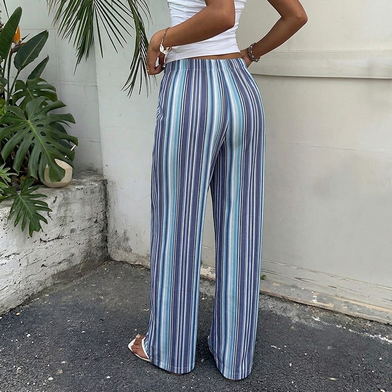 Draped Blue And White Striped Wide-leg Pants