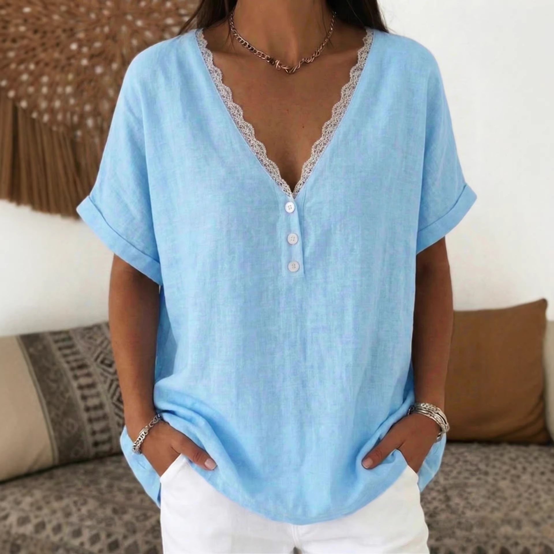 Lace-trimmed Collar Short Sleeves
