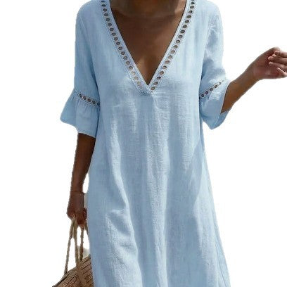 Cotton-Linen Lace V-neck Dress