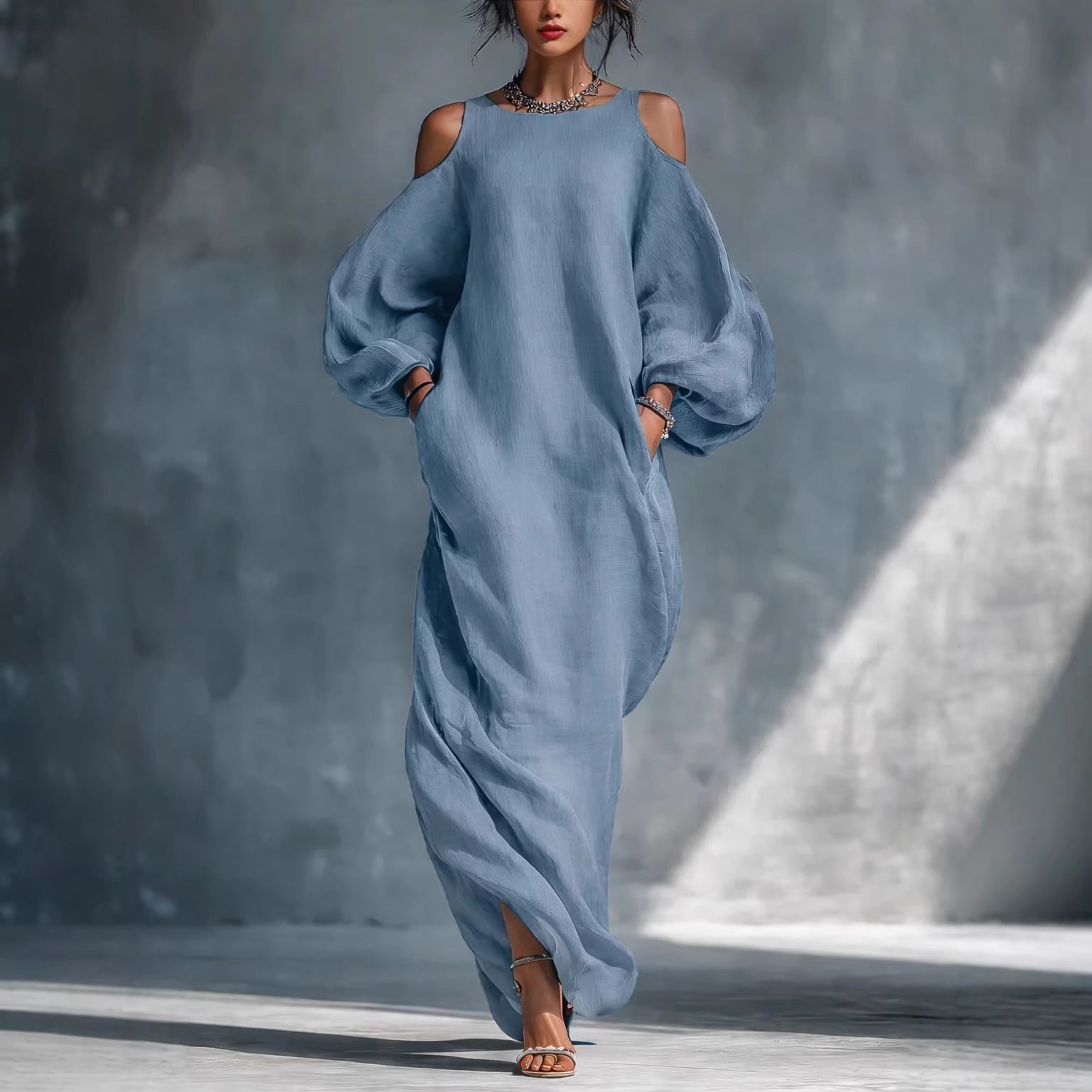 Long-sleeve Off-shoulder Midi Dress