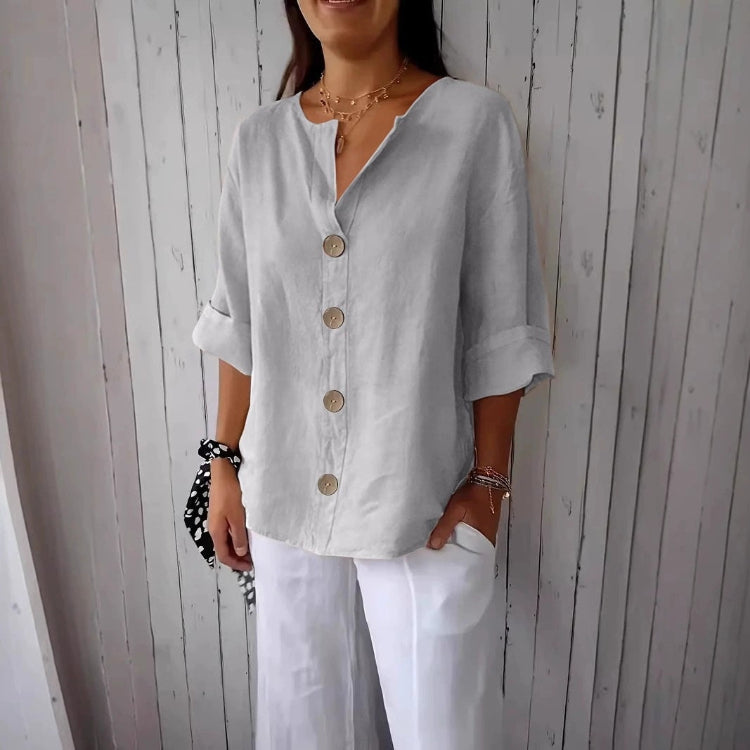 V-neck Cotton And Linen Buttoned Blouse