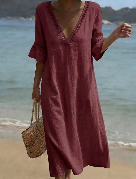 Cotton-Linen Lace V-neck Dress
