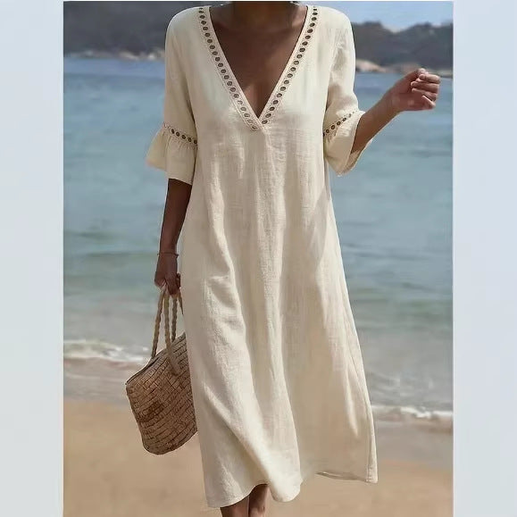 Cotton-Linen Lace V-neck Dress