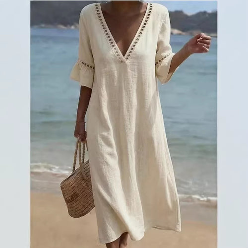 Cotton-Linen Lace V-neck Dress