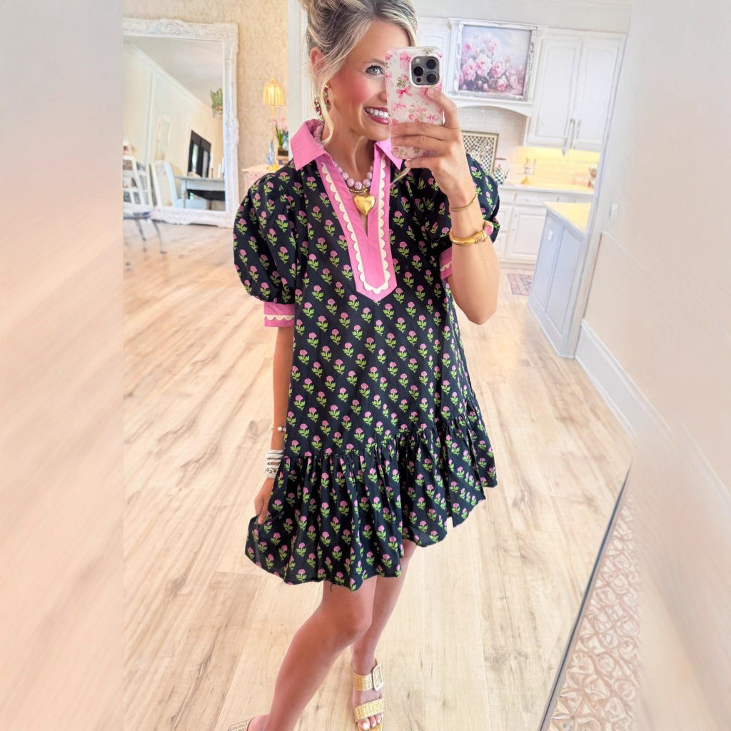 Lace Puffed-sleeve Dress