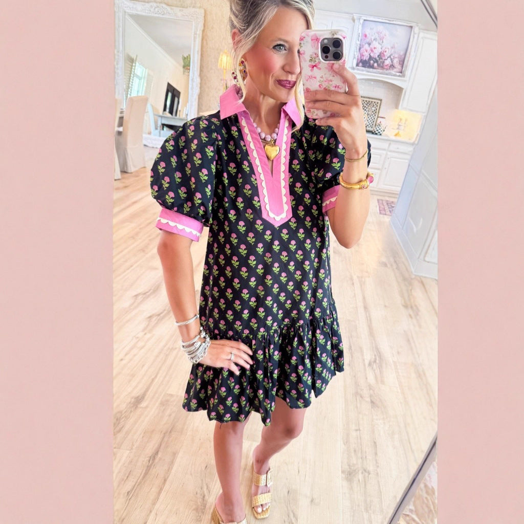 Lace Puffed-sleeve Dress