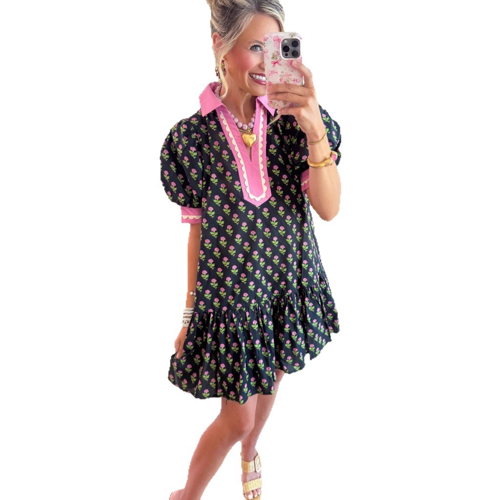 Lace Puffed-sleeve Dress