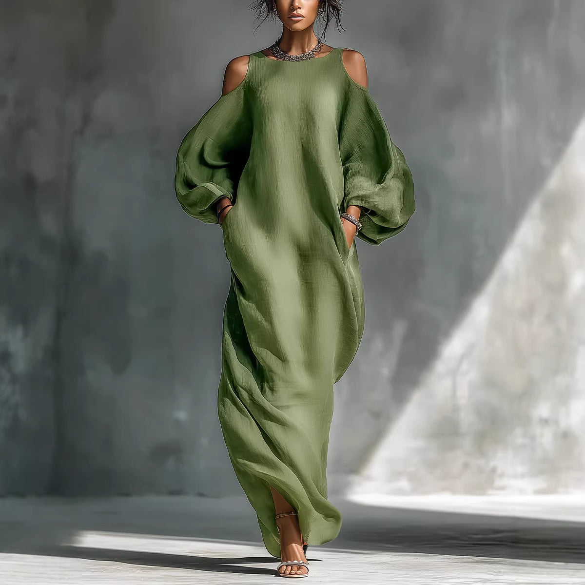 Long-sleeve Off-shoulder Midi Dress
