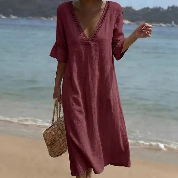 Cotton-Linen Lace V-neck Dress