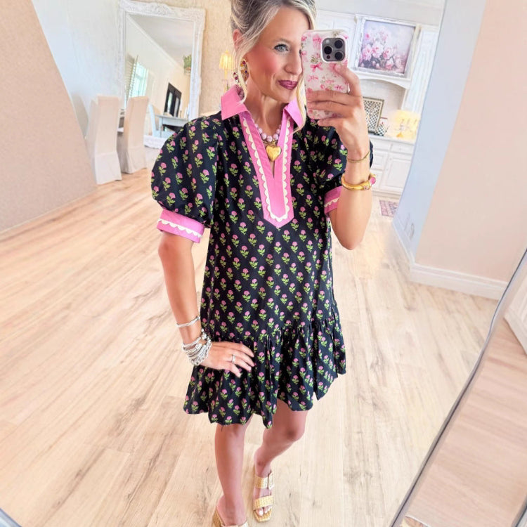 Lace Puffed-sleeve Dress